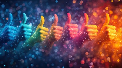 Wall Mural - vibrantof referral marketing featuring multiple thumbs up hands connected by stylized squares symbol