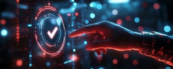 Leinwandbilder - Futuristic 3D rendering of a hand pointing at a check mark icon, set against a sleek dark background with high contrast and glowing highlights