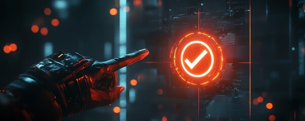 Leinwandbilder - Futuristic 3D rendering of a hand pointing at a check mark icon, set against a sleek dark background with high contrast and glowing highlights