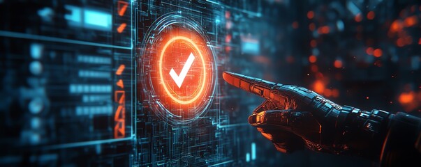 Leinwandbilder - Futuristic 3D rendering of a hand pointing at a check mark icon, set against a sleek dark background with high contrast and glowing highlights