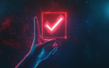 Poster - Stylized hand gesture pointing at a check mark icon in a deep black background, 3D rendering with a futuristic feel and vibrant lighting