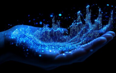 Leinwandbilder - Artistic depiction of a hand holding a dynamic rising financial chart with numbers, illustrating themes of investment and economic achievement in 3D