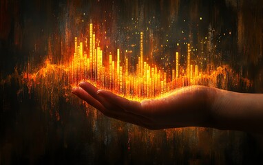 Leinwandbilder - Artistic depiction of a hand holding a dynamic rising financial chart with numbers, illustrating themes of investment and economic achievement in 3D