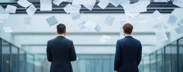 Two men in suits observe papers floating above them in a modern office environment, symbolizing chaos or a brainstorming session.