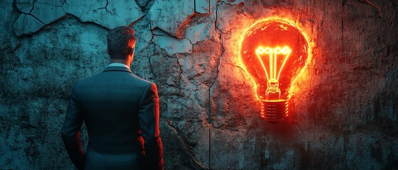 Leinwandbilder - 3D rendering of a man in a suit gazing at a glowing Idea sign with a lit lightbulb, set against a textured cracked wall background, symbolizing inspiration