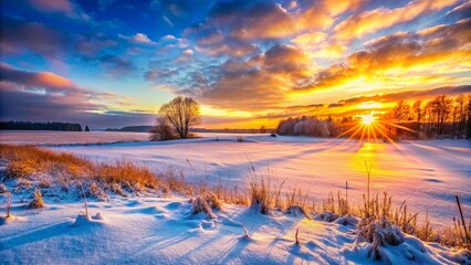 Wall Mural - Golden Sunset Over a Snowy Field, Bathed in the Warm Glow of the Setting Sun, Casting Long Shadows Across the Frozen Landscape