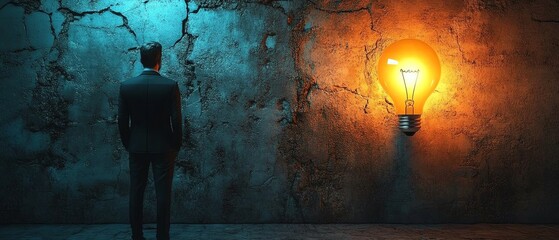 Leinwandbilder - 3D rendering of a man in a suit gazing at a glowing Idea sign with a lit lightbulb, set against a textured cracked wall background, symbolizing inspiration