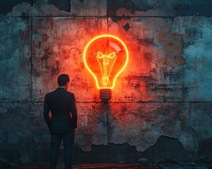 Leinwandbilder - Elegant 3D depiction of a man in a suit contemplating a glowing Idea sign with a lit lightbulb, juxtaposed against a cracked wall for a gritty aesthetic