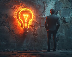 Poster - Elegant 3D depiction of a man in a suit contemplating a glowing Idea sign with a lit lightbulb, juxtaposed against a cracked wall for a gritty aesthetic