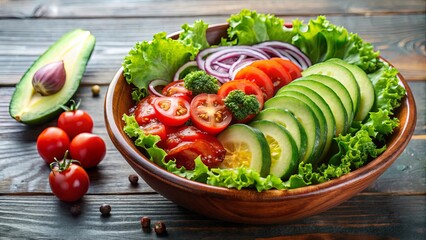 Wall Mural - A Vibrant Salad of Freshly Sliced Cucumbers, Tomatoes, and Onions Served in a Rustic Wooden Bowl