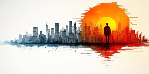 Silhouette of a man in front of a city skyline.