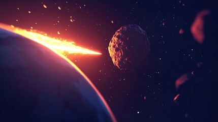 3d cartoon depiction of a comet asteroid and meteorite heading towards the planet featuring a glowin