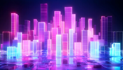 Poster - A neon city skyline with skyscrapers and a reflective surface in blue, pink and purple tones.