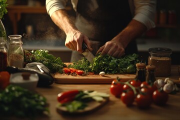 A man chopping vegetables on a wooden kitchen counter