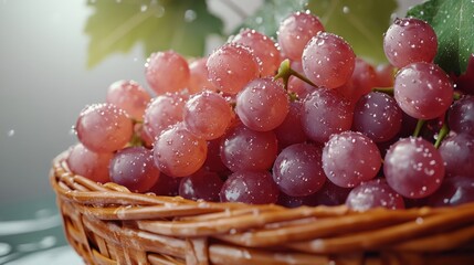 Close-up of a bunch of red grapes in a wicker basket, with water droplets.