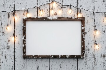 Wall Mural - Wooden frame with blank canvas and fairy lights on rustic wooden background.