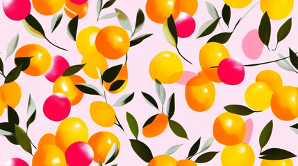 orange fruit print and plants print in red orange green pink colored citrus branches exotic seamless patchwork pattern. fashion trendy banner background for fabric textile design wallpaper