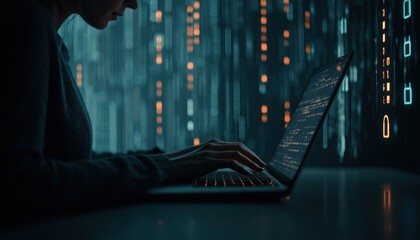 Person coding on laptop with digital data visualization in the background.