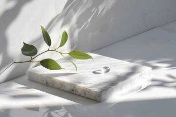 Wall Mural - Minimalist marble stand for product display with water and leaves shadow