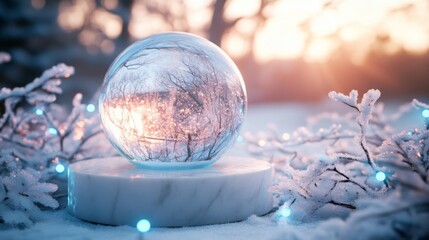 Leinwandbilder - A glass sphere is positioned on a white platform in a snowy outdoor setting. The sphere is reflecting a scene of bare trees and a sunlit sky.
