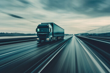 A transport truck captured speeding along an empty industrial road, with motion blur enhancing the sense of speed, focusing on fast and reliable logistics