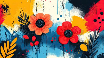 Wall Mural - abstractdepicting diverse elements and interactions in creative process features arrows flowers and various shapes in stylized design