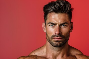 Wall Mural - close-up of a fit, muscular man presenting confidently against a solid color backdrop, emphasizing h