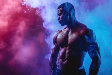Wall Mural - fit man with a defined body and mental clarity, solid color backdrop ideal for gym flyers that highl