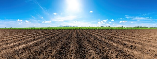 A wide view of a freshly plowed agricultural field stretching under a bright blue sky, showcasing rich soil ready for crop cultivation and growth.