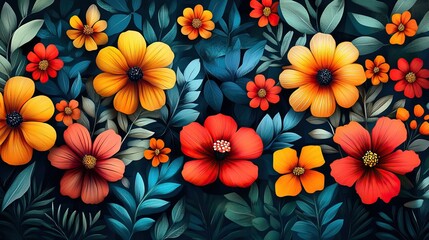 Wall Mural - abstractof vibrant flowers and leaves symbolizing growth and creativity in dynamic environment.stock image