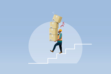 Worker walking downstairs carrying stack of boxes with top accidentally falling. Careless, accident at industrial factory, safety first concept. Vector.