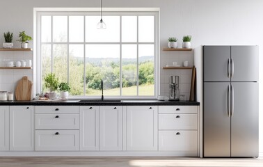 Poster - Modern kitchen with white cabinets, black countertop, and a large window overlooking a green landscape.