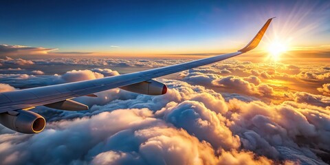 Airplane wing flying above clouds with leading lines