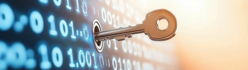 A golden key inserted into a lock, unlocking digital binary code, symbolizing data access, security, and encryption in a cyber world..