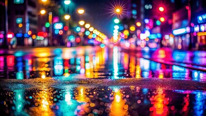 A symphony of shimmering reflections in a wet urban landscape, illuminated by vibrant city lights.