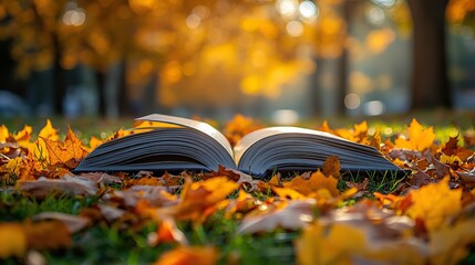 Wall Mural - an open book on grass surrounded by autumn leaves under warm sunlight symbolizing relaxation and mindfulness in nature therapy.image