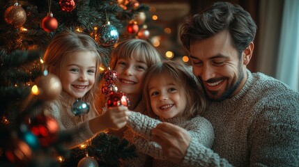 A father and his three young daughters have fun decorating a Christmas tree with colorful ornaments and twinkling lights, creating a warm and festive atmosphere.