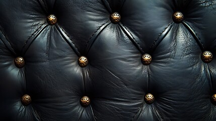 Close-up of black leather upholstery with gold buttons.