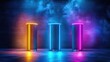 © P - Futuristic neon cylinders in atmospheric mist with vibrant light play