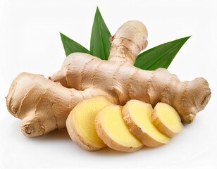 Fresh ginger  (Zingiber officinale) and sliced ​​ginger isolated on white background.