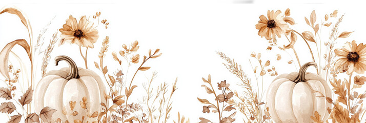 Wall Mural - Watercolor painting of beautiful autumn flowers, pumpkins, and grasses in light beige colors, generative AI