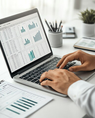 person working on laptop, analyzing financial data with charts, white background.