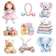 Wall Mural - Delightful Watercolor Style Sticker Set Featuring Adorable Toys and Accessories for Kids