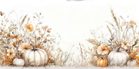 Wall Mural - Watercolor painting of beautiful autumn flowers, pumpkins, and grasses in light beige colors, generative AI