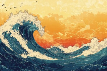 Sticker - a painting of a large wave in the ocean