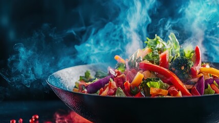 Vibrant mix of colorful vegetables steaming in a black bowl, illuminated by blue and red lighting, creating an appetizing and dynamic presentation.