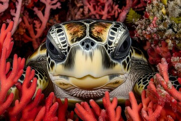 Wall Mural - Sea Turtle Close up Underwater  Coral Reef  Marine Life  Green Sea Turtle  Sea Turtle Head  Red Coral