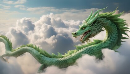 Chinese dragon flying high above and in the clouds; a Chinese mythical creature flying among the clouds; fairytale and mythology; 3D illustration of a Chinese dragon flying in the skies