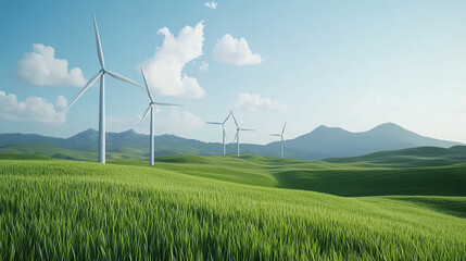 A scenic view of wind turbines on green hills under a clear blue sky, representing renewable energy and environmental sustainability.