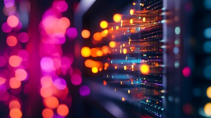 Colored optical fiber, background image, technology concept of data transfer and communication. 